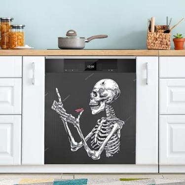 Imagem de xigua Capa magnética engraçada de esqueleto preto para lava-louças, adesivos magnéticos decorativos antiarranhões para painel de geladeira e lava-louças, decoração personalizada de cozinha doméstica