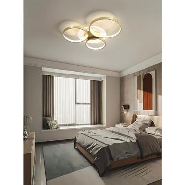 Imagem de Luminária de teto LED moderna e criativa para sala de estar, com design circular, dimerizável e com controle remoto. Ideal para cozinha, escritório, quarto e sala de jantar (dourada, 3 lâmpa