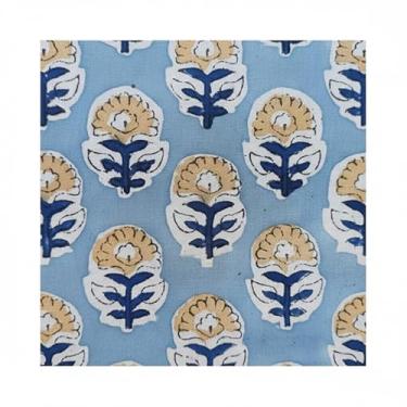 Imagem de Parafuso de tecido de algodão feito à mão com estampa em bloco - corte contínuo para roupas e cortinas - têxtil de qualidade premium - 111,8 cm de largura - 10 jardas - azul-celeste (BPF-202-10)