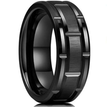 Imagem de FATACI Anel de noivado masculino de aço inoxidável de titânio escovado minimalista, prata/preto 8 mm de largura ajuste confortável tamanho 8-11, Sem pedra preciosa