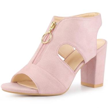Imagem de Allegra K Sandália feminina com zíper frontal e salto grosso, salto gladiador, Rosa claro, 35