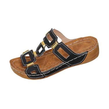 Imagem de Pantufas femininas modernas, casuais, estilo verão, cor sólida, boca de peixe, sola grossa, Preto, 34