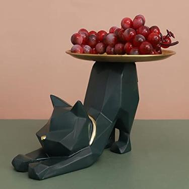 Imagem de U5GAAALPPQ9 Bandeja de armazenamento de resina - desenho animado gato forma catchall para chaves anel maquiagem perfume lanches organizador estátua ornamento casa (cor: verde)