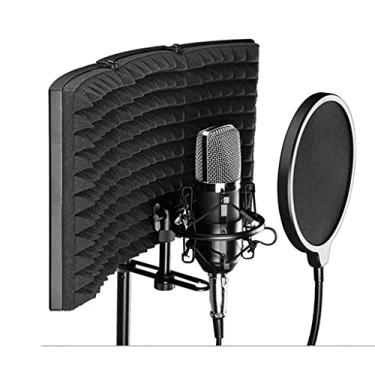 Imagem de HHHJQFAAT Protetor de isolamento de microfone com filtro de tela de vento de 3 painéis dobrável com suporte de disco de metal para estúdio de gravação e canto