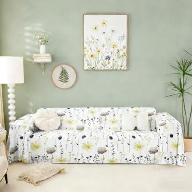 Imagem de Erosebridal Capa de sofá floral em aquarela com flores amarelas e cinzas, moderna, minimalista, branca, protetora para sofá, sofás, casa de fazenda rústica, lavável, antiderrapante, 180 x 259 cm