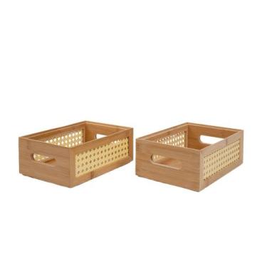 Imagem de Kit 2 caixas organizadoras empilháveis de bambu e palhinha 24cm - Oiko
