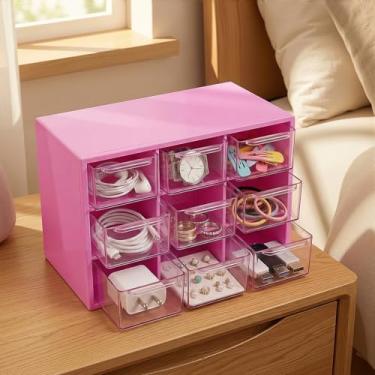 Imagem de Caixa organizadora de joias, caixa de armazenamento de mesa de 9 compartimentos com gavetas, organizador de armazenamento de joias de plástico com vários compartimentos para mesa, escritório ou