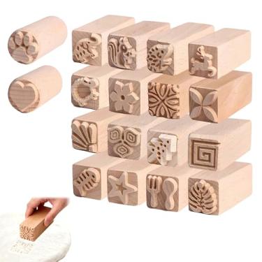 Imagem de Kit de carimbos de padrão de modelagem de argila com 18 peças, carimbos de cerâmica de argila de madeira, carimbo de bloco de madeira, rolo de massa de argila, rolo de mão texturizado, cabo de madeira