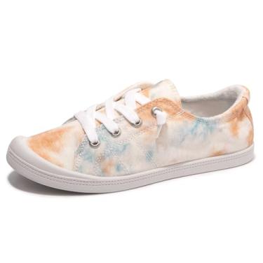 Imagem de Tênis feminino sem cadarço, confortável de lona com cano baixo, sapatos modernos casuais para mulheres caminhando com sola de borracha antiderrapante, Tie-dye laranja e azul, 41