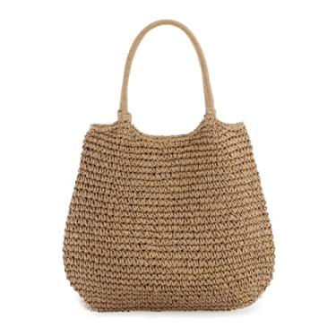 Imagem de Freie Liebe Bolsas de praia de palha de verão para mulheres grandes bolsas de ombro de tecido boho para férias, viagens, Marrom claro, Bolsa de praia de verão