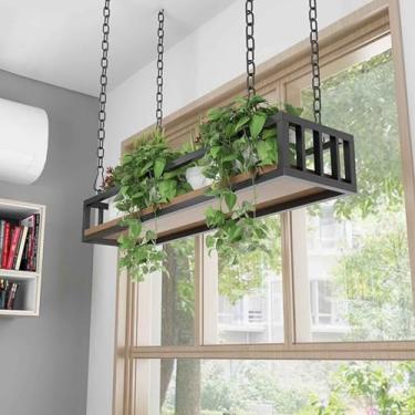 Imagem de Prateleira flutuante de teto para plantas | Rack de vaso de flores suspenso de madeira e metal | Exibição decorativa de armazenamento para bares, salas de estar e restaurantes (80 x 25 x 15 cm)