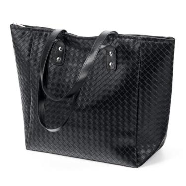 Imagem de DETARA Bolsa feminina de palha de tecido de praia de couro PU para compras de fim de semana bolsa de viagem, V01 tecido preto, Large