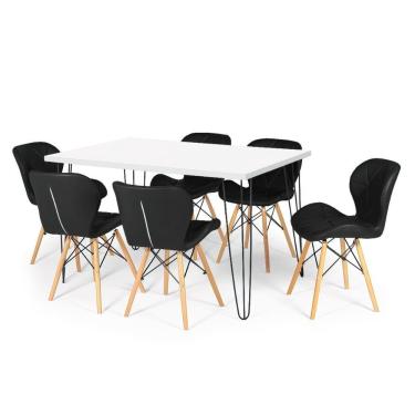 Imagem de Conjunto Mesa De Jantar Hairpin 130x80 Branca Com 6 Cadeiras Eiffel Slim - Preto