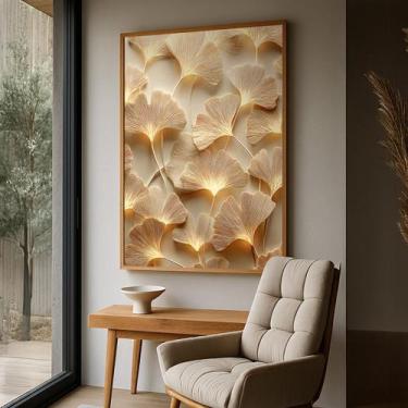 Imagem de Quadro com Moldura e Acrilico Cristal Vidro Ginkgo Bege Folhas para Sa