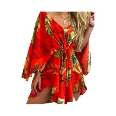 Imagem de Vestido Boêmio Feminino Estampado - Decote V, Manga Morcego e Babado -