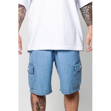 Imagem de Bermuda Cargo Jeans Masculina Cós Elástico Estonada Hunter, Azul claro