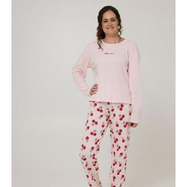 Imagem de Pijama Longo Feminino Meia Malha Evanilda Rosa, M, Rosa
