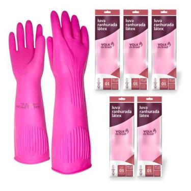 Imagem de Kit 5 Luvas De Látex Rosa Antiderrapante Grossa - Volk do Brasil, GG