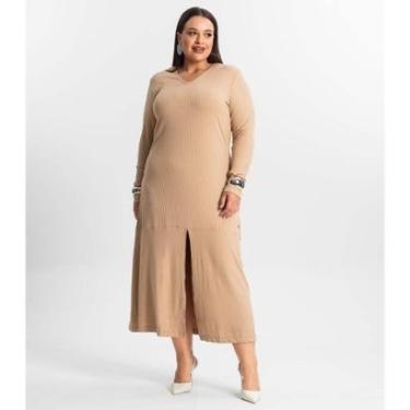 Imagem de Vestido Midi Plus Size Manga Longa Secret Glam Marrom-Feminino