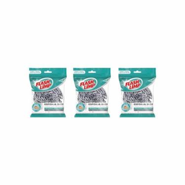 Imagem de Esponja de Aço Inox Limpeza Pesada Flashlimp Kit 3 unidades