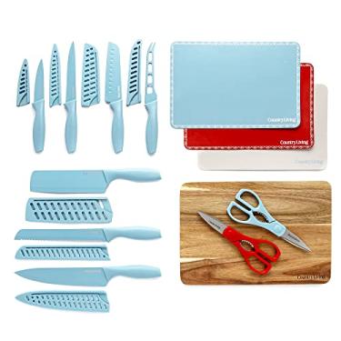 Imagem de Country Living Lâminas de aço inoxidável de qualidade com 20 peças, conjunto completo inclui facas, tesouras, tábua de corte de acácia e tapetes de corte flexíveis, azul