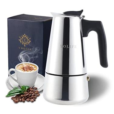 Imagem de YOLIFE Cafeteira expresso de fogão, panela de moka italiana de aço inoxidável de indução, café de cozimento a calor por pressão para café expresso italiano, cappuccino e latte, 300 ml / 6 xícaras de