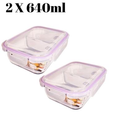 Imagem de Jogo c 2 Potes 640ml Divisória Hermético Marmita  Microondas