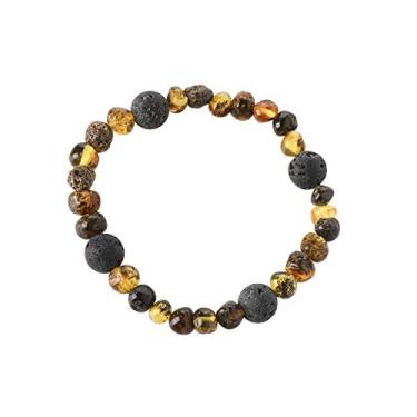 Imagem de Pulseira âmbar para adultos – pulseira de âmbar báltico e contas de lava em faixa elástica de 7,1 polegadas (18 cm), 7 inches (18 cm), Âmbar báltico, pedra vulcânica, elástico, Âmbar báltico
