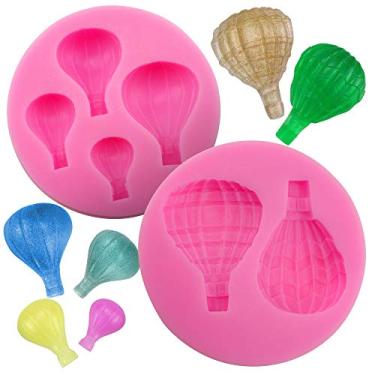 Imagem de Meiyouju 2 peças molde para fondant de balão de ar quente, molde de silicone para balão de ar de 4 cavidades, molde de balão de ar de 2 cavidades, moldes de silicone de qualidade alimentar para chocolate, gelo, decoração de bolo, argila polímera, molde de sabonete, epóxi