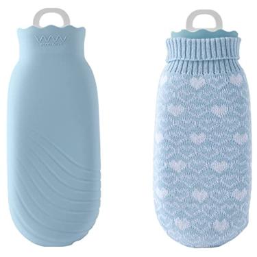 Imagem de Garrafa de água quente com capa de malha macia grande bolsa de água quente clássica livre de BPA para pescoço, dor no ombro e aquecedor de pés de mão, cólicas menstruais, compressa quente e terapia fria, azul, 240ml