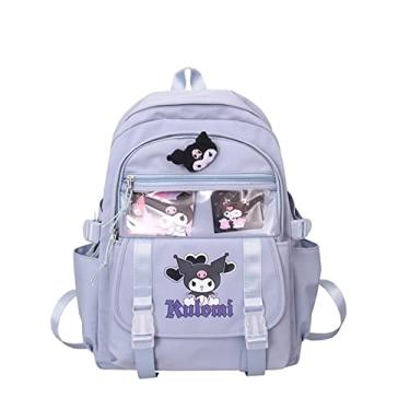 Imagem de Kuromi Bolsa de ombro para meninas, mochila de nylon de grande capacidade para meninos, mochila escolar Cinnamoroll para escola, compras (cor: azul Kuromi)