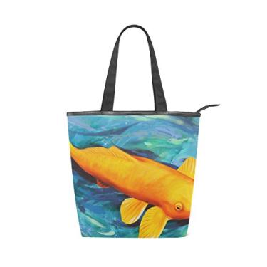 Imagem de Bolsa feminina de lona durável com pintura de peixe-dourado, bolsa de ombro para compras com grande capacidade