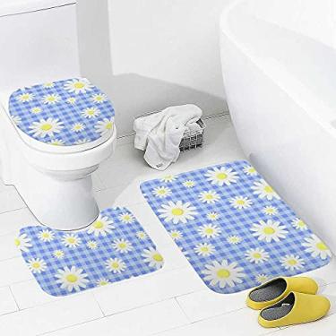 Imagem de Conjunto de tapetes de banheiro e 3 peças de camomila azul xadrez, tapete de banheiro lavável antiderrapante, tapete de contorno e tampa para banheiro
