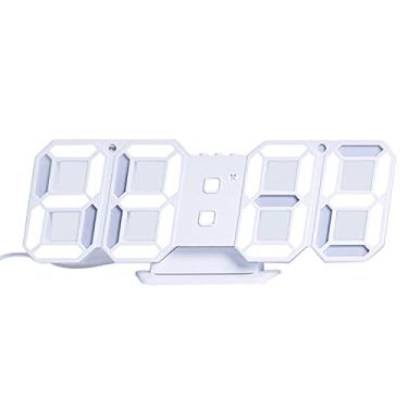 Imagem de 3D LED Relógio digital Relógio de mesa eletrônico Despertador Parede Brilhante Pendurado Relógios Branco