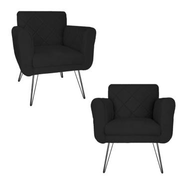 Imagem de Kit 2 Poltronas Decorativas Para Quarto Closet Pés de Ferro Isabella Suede Preto - LM DECOR