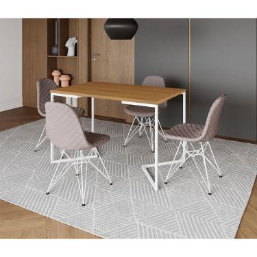 Imagem de Mesa Jantar Industrial Retangular Base V 120x75cm Canela + 4 Cadeiras Estofada Nude Médio Aço Branco