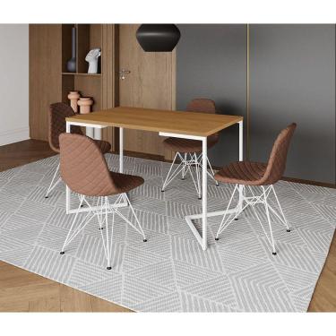 Imagem de Mesa Jantar Industrial Retangular Base V 120x75cm Canela com 4 Cadeiras Estofada Caramelo Aço Branco
