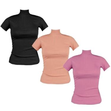 Imagem de Kit 3 Camisetas Malha Canelada Manga Curta Preto, Rosa e Nude P