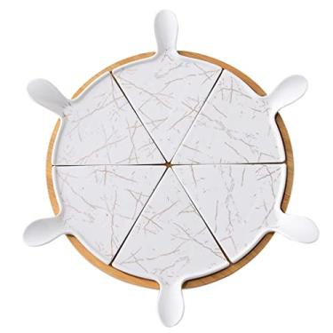 Imagem de Espaçoso Tábua de queijo Pratos de cerâmica Divisor de bolo de pizza Pratos de jantar Bandeja de servir redonda Bandeja de pizza Giratória Tábua de madeira Estilo nórdico Multifuncional