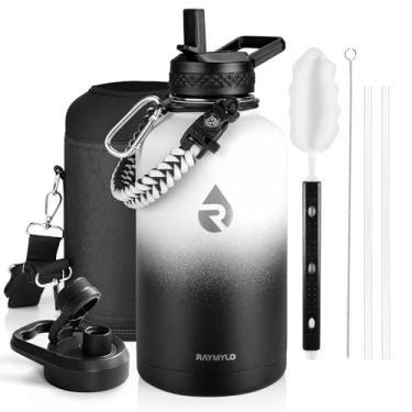 Imagem de Garrafa térmica para água RAYMYLO, aço inoxidável com parede tripla isolada a vácuo (fria por 48 horas), à prova de vazamento, sem BPA, alça de paracord, tampas de bico e canudo, 1,9 L, preta/branca