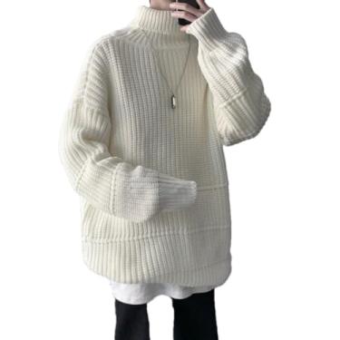 Imagem de KANG POWER Suéter masculino casual de gola rolê outono inverno suéter masculino de manga longa estilo coreano suéter de malha quente, Arroz branco, X-Small