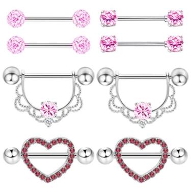 Imagem de Anéis de língua de mamilo de aço inoxidável CZ Barbell Heart Set Piercing Jóias Retentor Corporal 14G (1,6 mm) 14mm 4 Pares, Metal, Zircônia cúbica