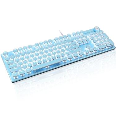 Imagem de LexonElec Teclado mecânico retrô com fio estilo máquina de escrever, teclado Steampunk vintage com retroiluminação branca, interruptor azul de 104 teclas, controle de botão redondo para PC/laptop/Mac