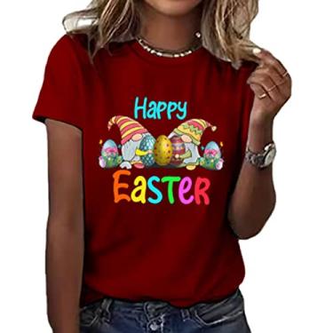 Imagem de PKDong Camiseta feminina casual Happy Easter Bunny estampada solta gola redonda manga curta camiseta fofa, Vermelho, G