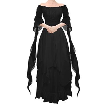 Imagem de YEAXLUD Vestido vitoriano feminino, manga bufante, ombro de fora, babados, plus size, fantasia medieval para mulheres vestido renascentista, Preto, 3G