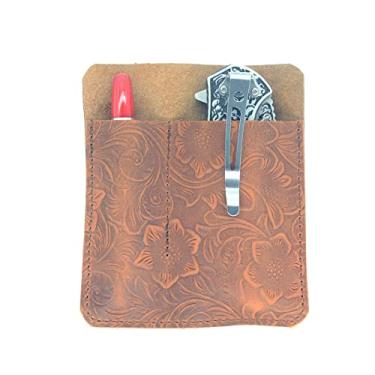 Imagem de JJNUSA Organizador de bolso de couro, deslizante, bolsa de canivete de bolso, bolsa EDC, organizadores de transporte diário, porta-canetas, flor marrom