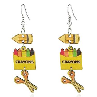 Imagem de CWVHQ Brincos de tesoura de lápis coloridos engraçados de madeira com tesouras de giz de cera clássicas bibliotecárias, professores, estudantes, graduação, joias de volta às aulas para mulheres e