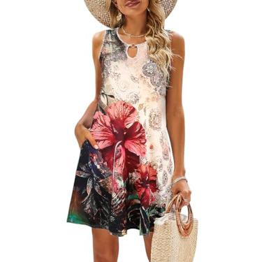 Imagem de SimpleFun Vestidos de verão para mulheres 2024 camiseta floral de praia vestidos casuais boho com bolsos, Bege floral, M
