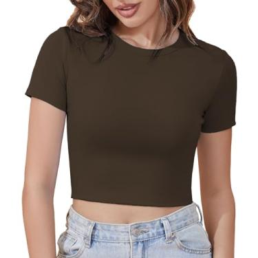Imagem de SanaRazo Camisetas cropped de manga curta para mulheres, de algodão, gola redonda, justas, para meninas adolescentes, caimento justo, Marrom café, G
