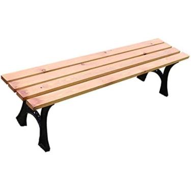 Imagem de Banco de jardim com terraço de 3 lugares Banco de pátio externo, banco de parque com estrutura de metal e assentos de madeira maciça resistentes à corrosão, banco externo resistente às intem